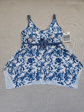 NWT Hanna Nikole Plus Size 2XL Swim Dress Blue Floral Tummy Control Bathing Suit